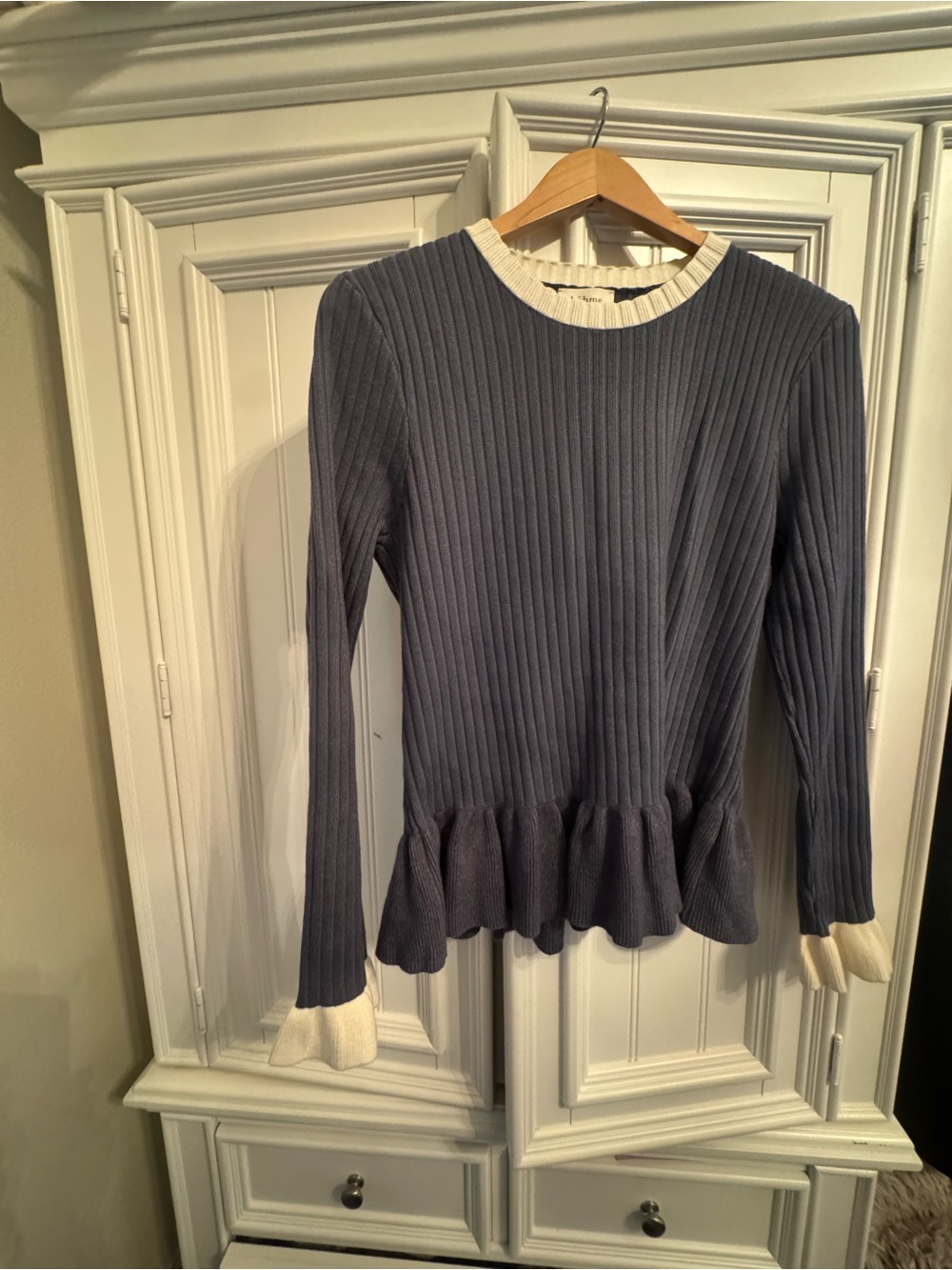 Bohme Ribbed Peplum Sweater with Contrast Trim - Blue